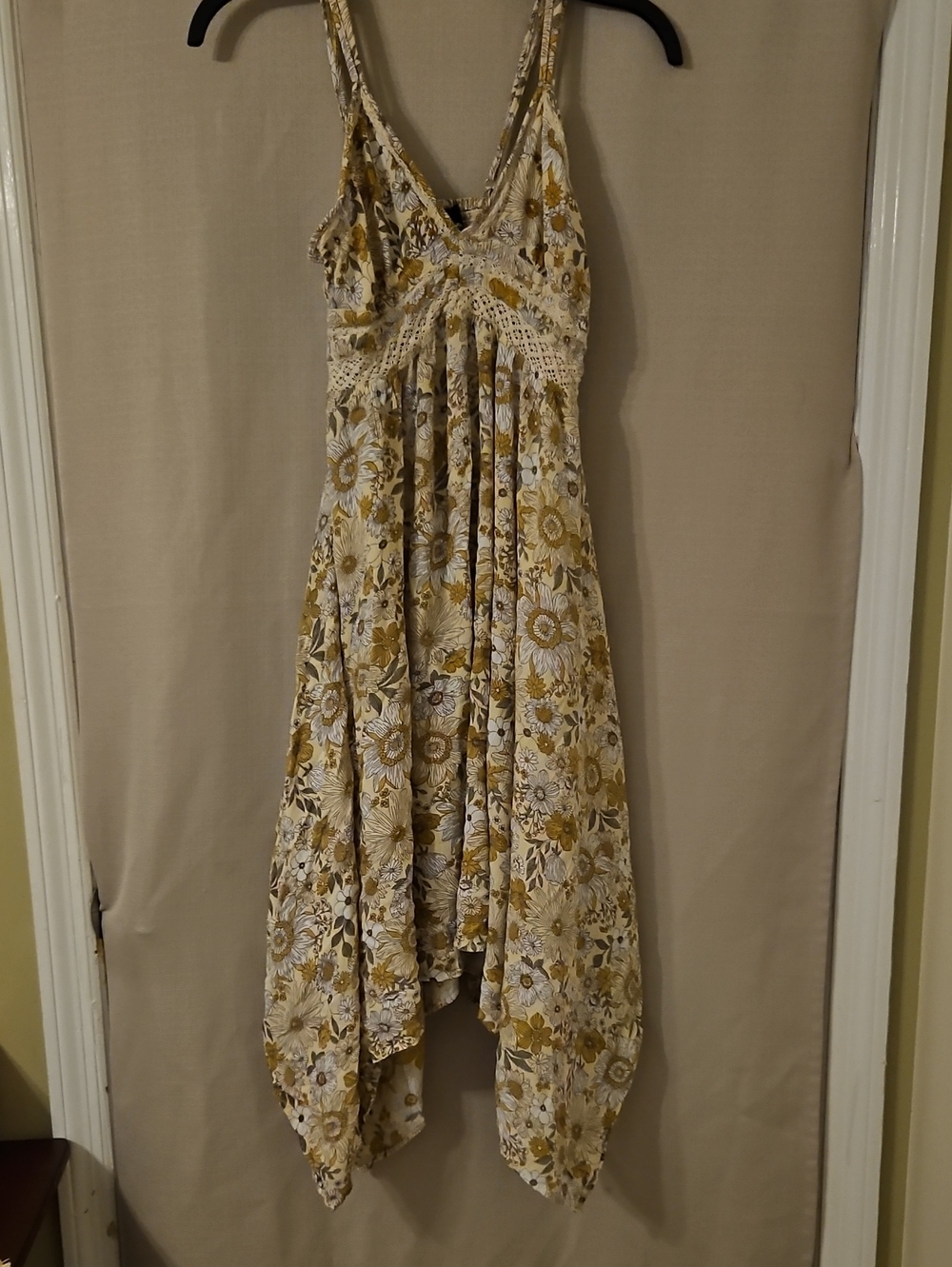Angie Mustard and Cream Handkerchief-Hem Floral Midi Dress